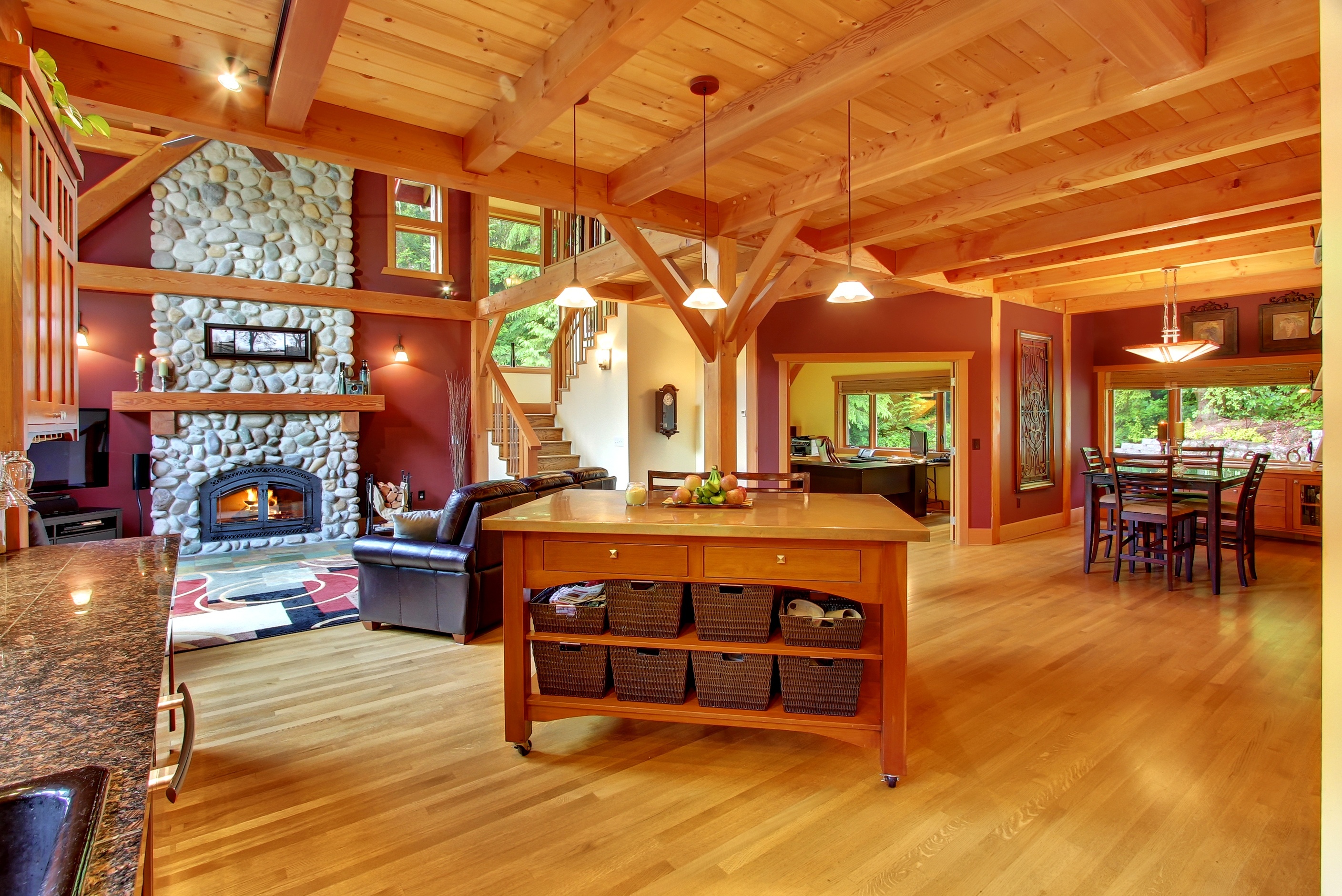 interior, Wooden, Ceiling, Fireplace, Living, Room, Design Wallpaper