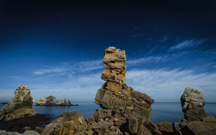 stars, Rocks, Stones, Ocean, Night HD Wallpaper Desktop Background