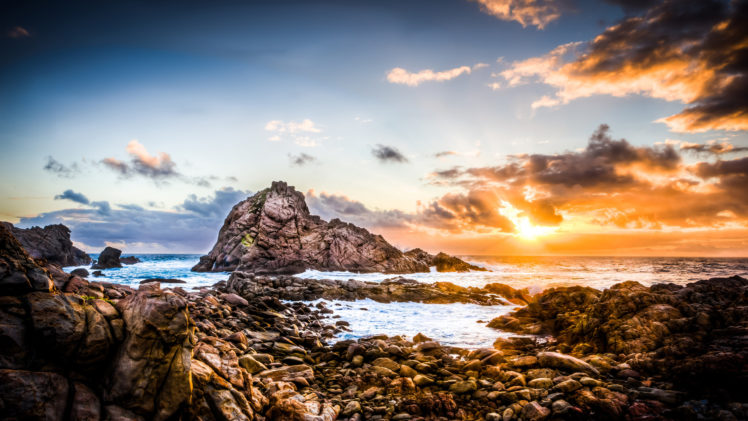 sunset, Sunlight, Rocks, Stones, Ocean HD Wallpaper Desktop Background