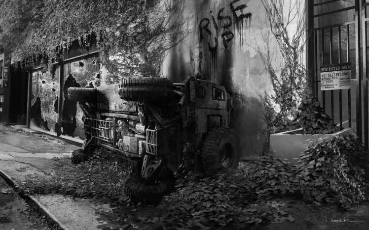 truck, Overturned, B w, Abandon, Deserted, Riot, Apocalyptic, Anarchy HD Wallpaper Desktop Background