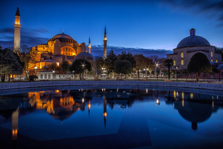 turkey, Fountains, Houses, Istanbul, Ayasofya, Night, Cities HD Wallpaper Desktop Background