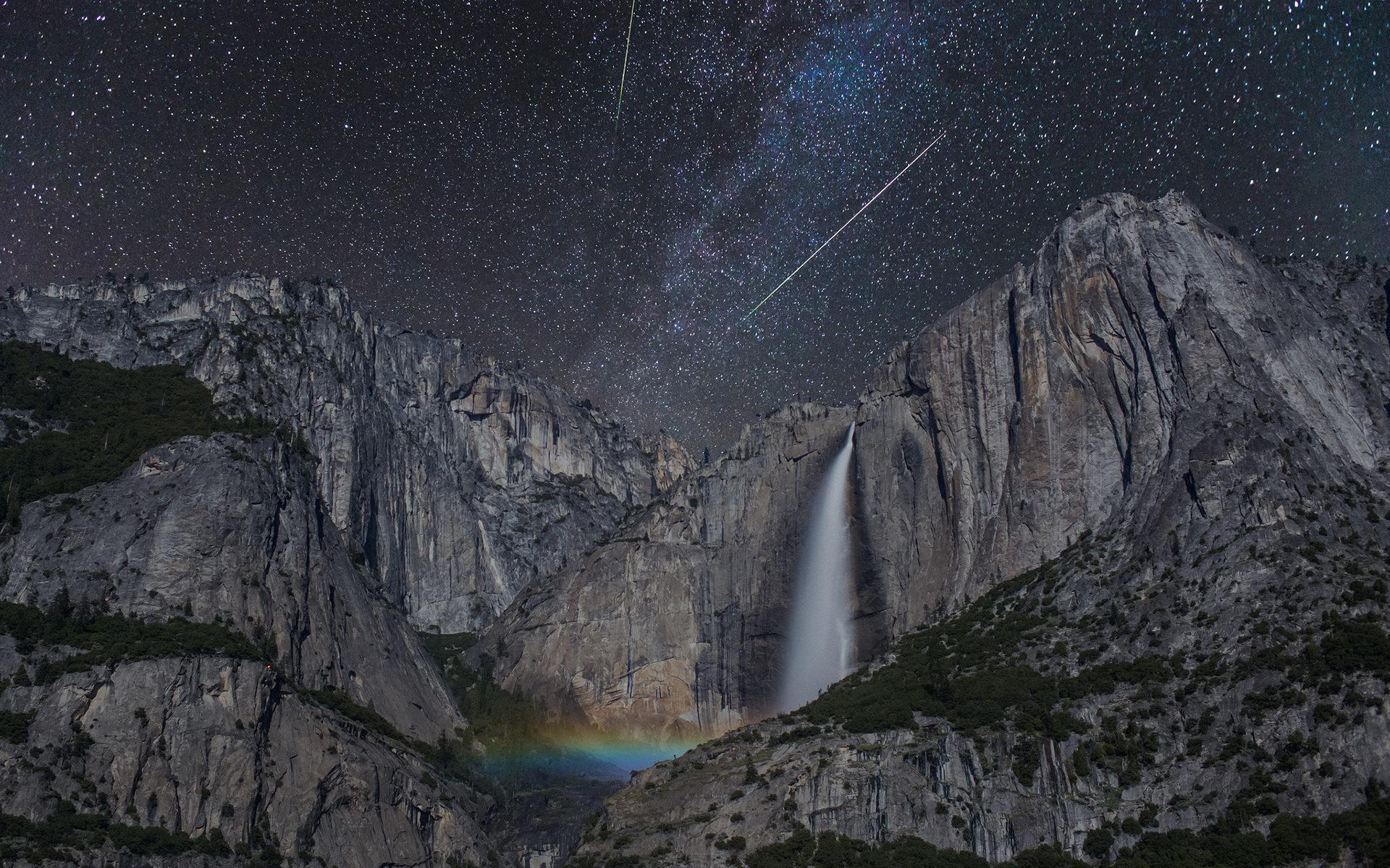 waterfall, Asteroids, Timelapse, Cliff, Mountains, Stars, Rainbow Wallpaper