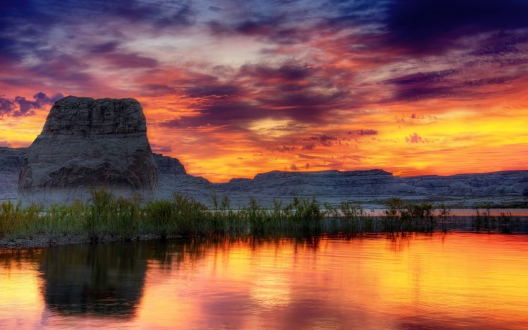 water, Sunset, Clouds, Landscapes, Horizon, Hills, Lakes, Mesas, Dusk, Skyscapes HD Wallpaper Desktop Background
