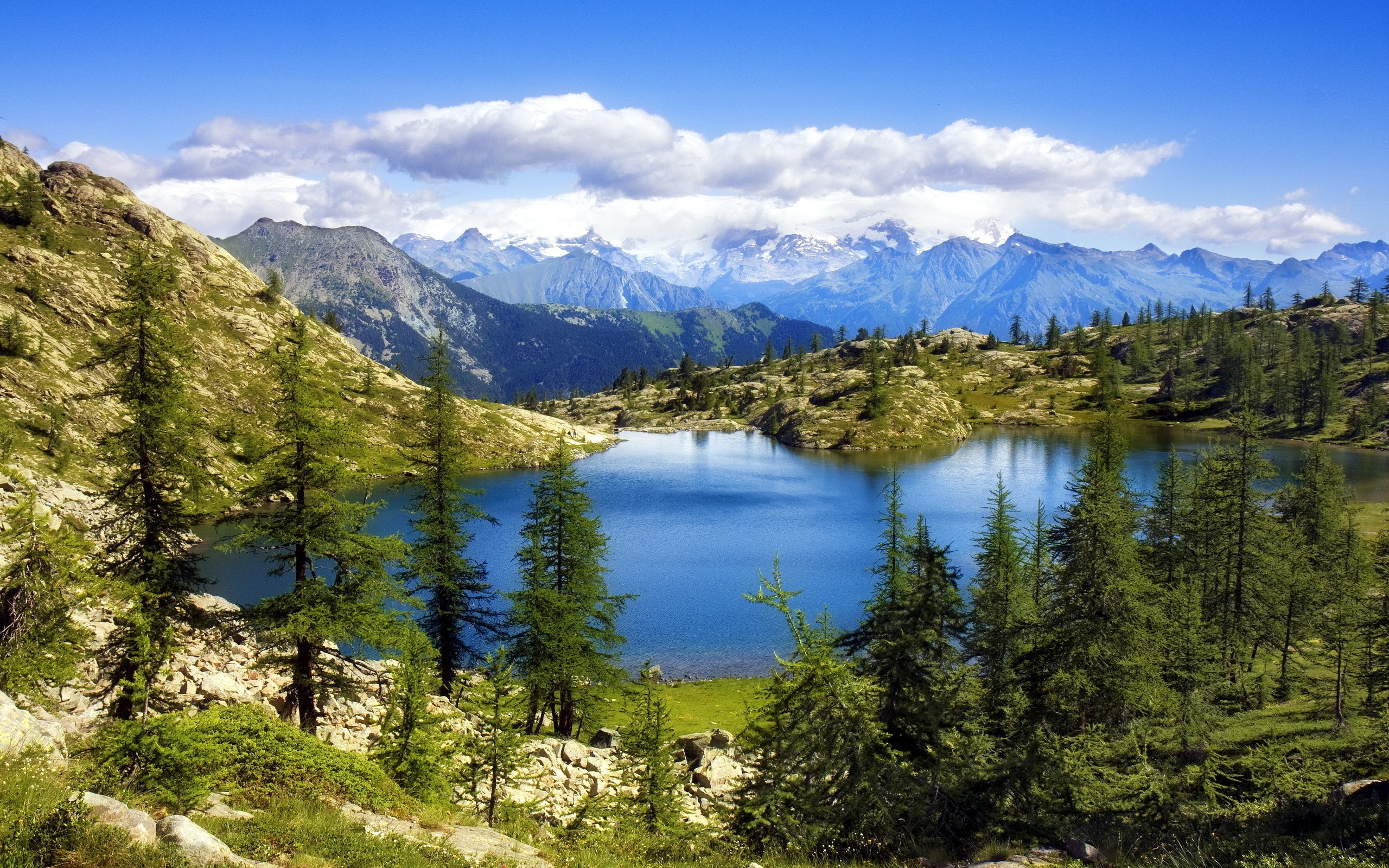 water, Mountains, Clouds, Landscapes, Nature, Trees, Hills, Lakes, Blue, Skies Wallpaper