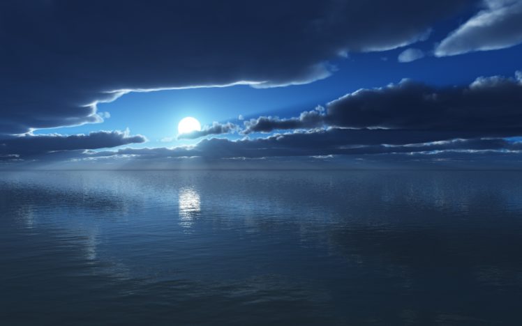 blue, Clouds, Night, Moon, Lakes, Skyscapes HD Wallpaper Desktop Background