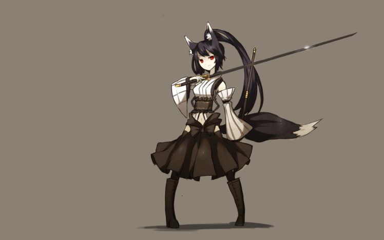 boots, Tails, Skirts, Long, Hair, Weapons, Animal, Ears, Red, Eyes, Ponytails, Japanese, Clothes, Simple, Background, Anime, Girls, Swords, Brown, Background, Black, Hair HD Wallpaper Desktop Background