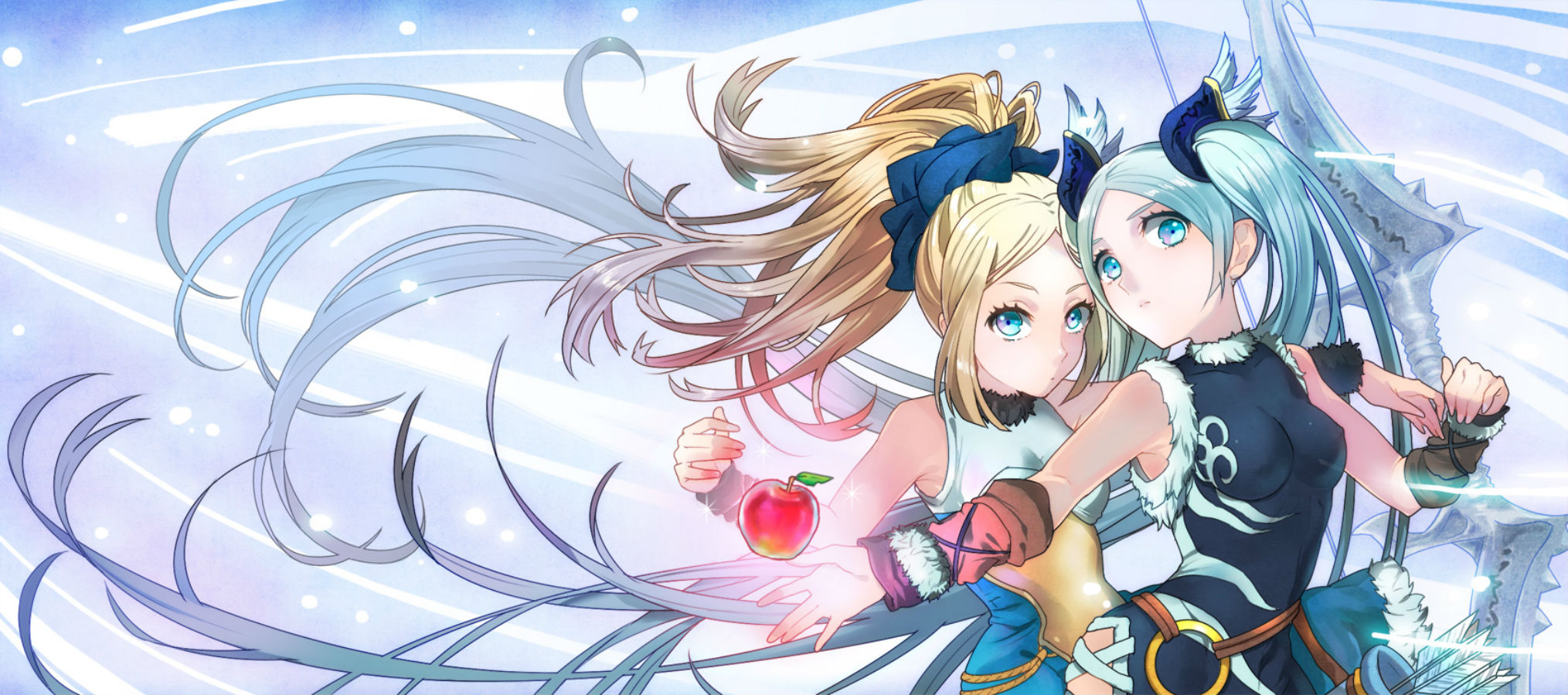 puzzle, And, Dragons, Girls, Apple, Blonde, Hair, Blue, Eyes, Bow, Ponytail, Ttknok, Twintails, Weapon Wallpaper