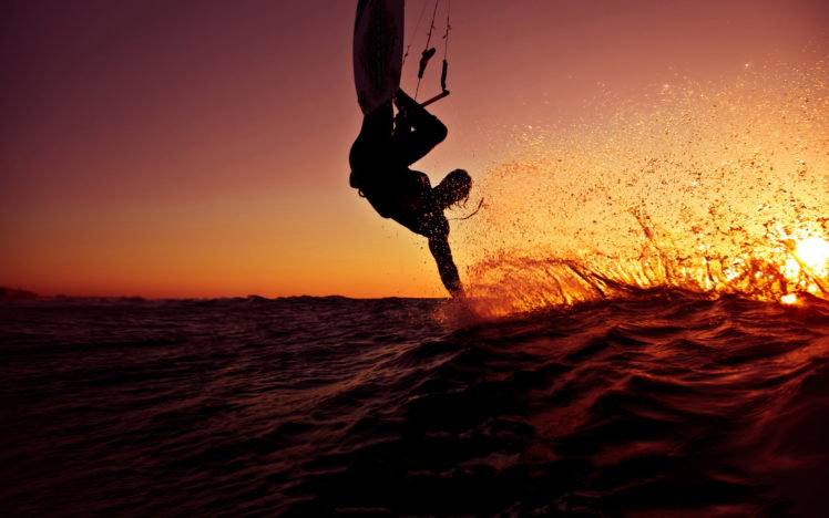 sport, Kitesurfing, Sunset, Ocean, Waves HD Wallpaper Desktop Background