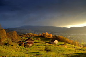 fall, Hills, House, Clouds