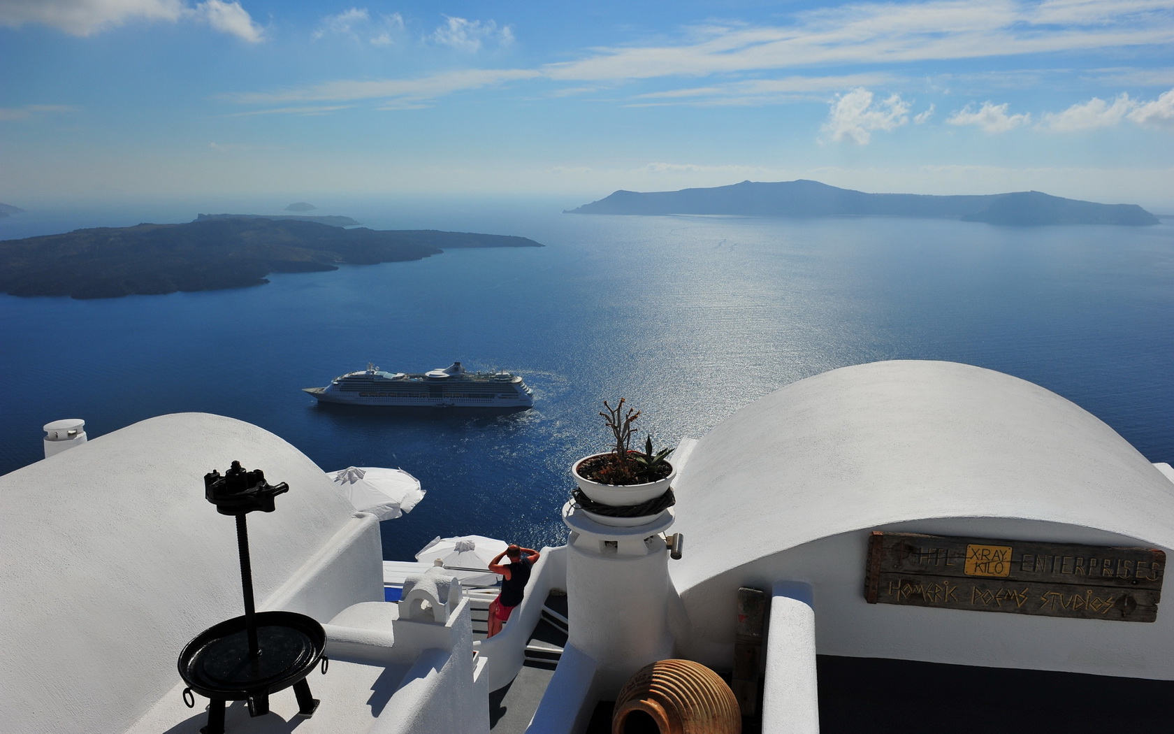 santorini, Greece, View, Panorama, Sea, Ship Wallpaper