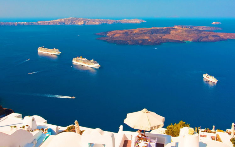 santorini, Greece, View, Panorama, Sea, Ships HD Wallpaper Desktop Background