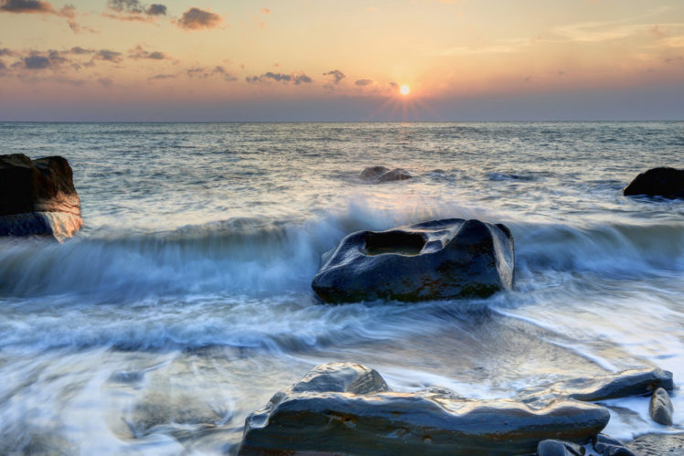 landscape, Sea, Rocks, Surf, Sunrise, Sun, Fangshan, China, Ocean, Waves HD Wallpaper Desktop Background