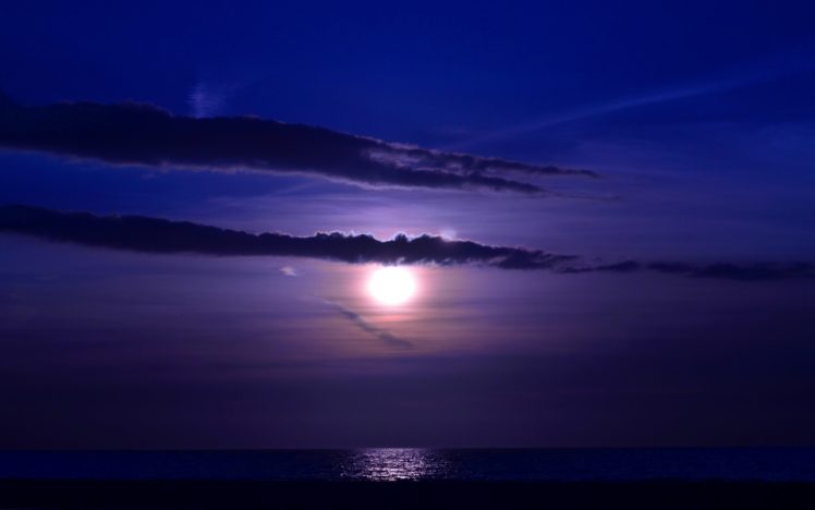 sea, Moon, Night, Clouds, Waves, Ocean, Mood, Reflection HD Wallpaper Desktop Background