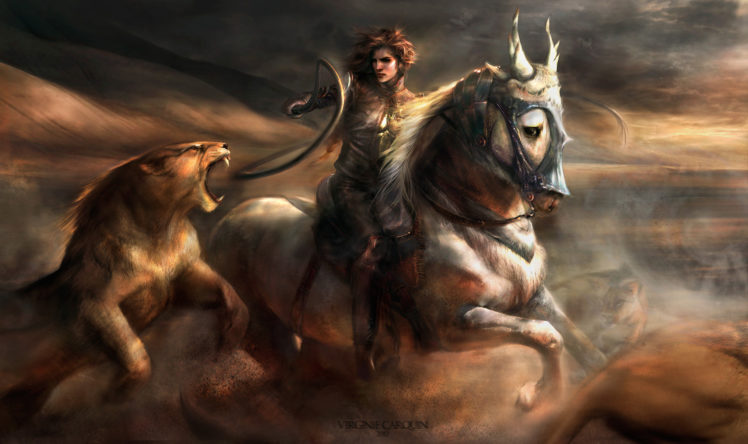 girl, Horse, Wild, Art, Lion, Cat HD Wallpaper Desktop Background