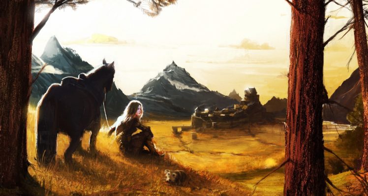 horse, Art, Girl, Dog, Mountains HD Wallpaper Desktop Background