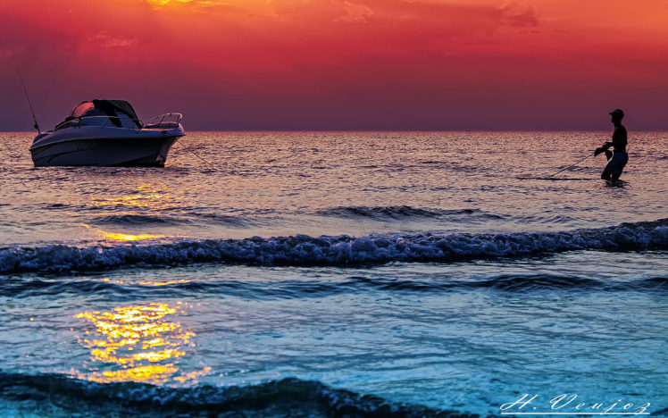 sunset, Sea, Boat, Ocean, Waves, Mood, Fishing HD Wallpaper Desktop Background