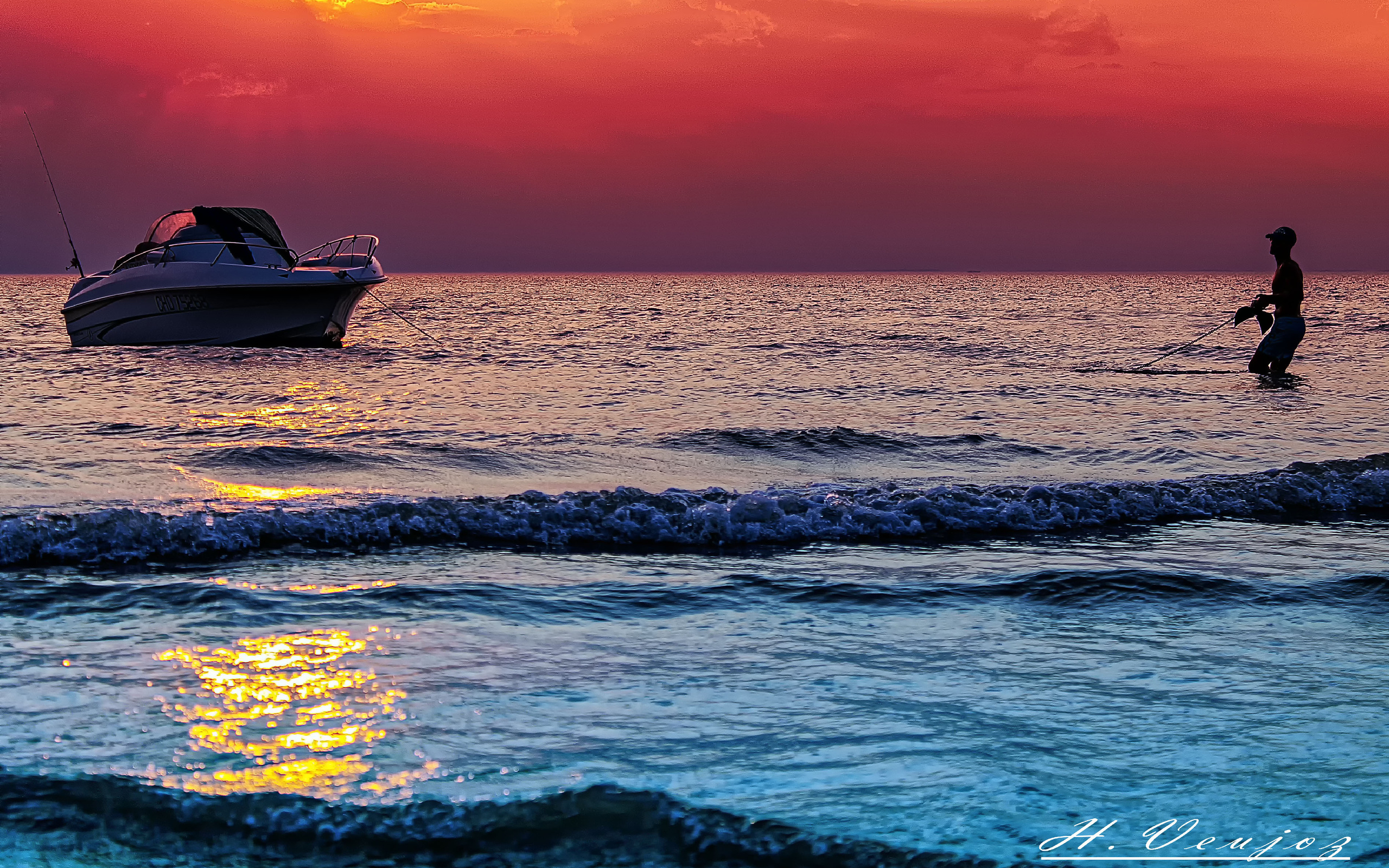 sunset, Sea, Boat, Ocean, Waves, Mood, Fishing Wallpaper