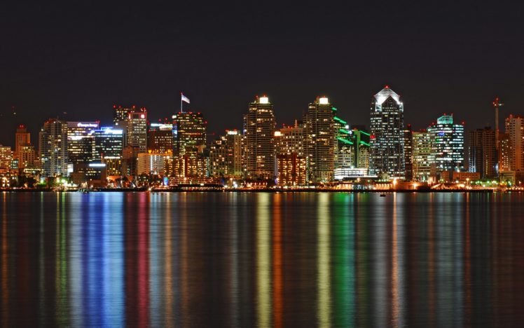 water, Cityscapes, Skyline, Architecture, Buildings, San, Diego, Nightlights, Reflections HD Wallpaper Desktop Background