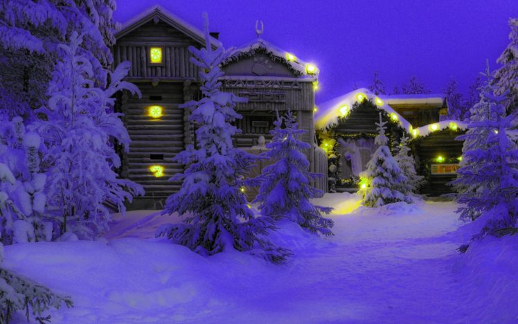 lapland, Snow, Night, Trees HD Wallpaper Desktop Background