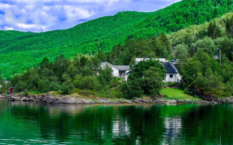 norway, Hills, Houses, River, Forest, Landscape HD Wallpaper Desktop Background