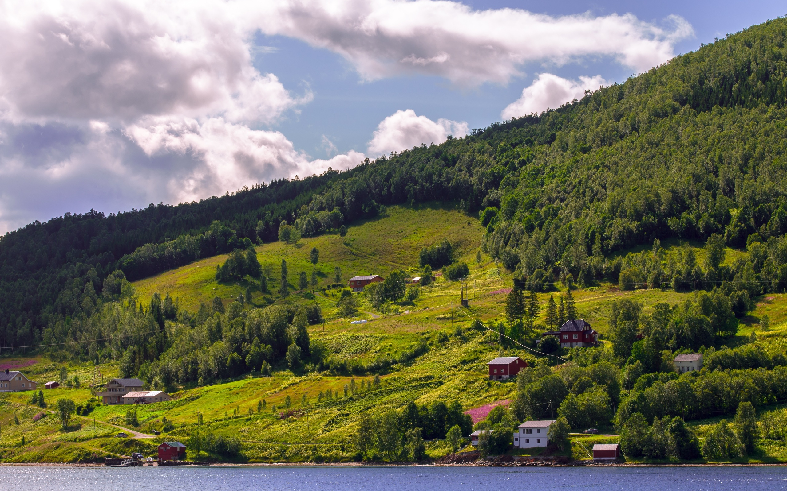 norway, Hills, Houses, River, Nature Wallpaper