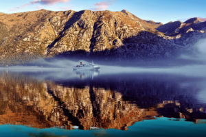ship, Reflection, Sky, Water, Mountains