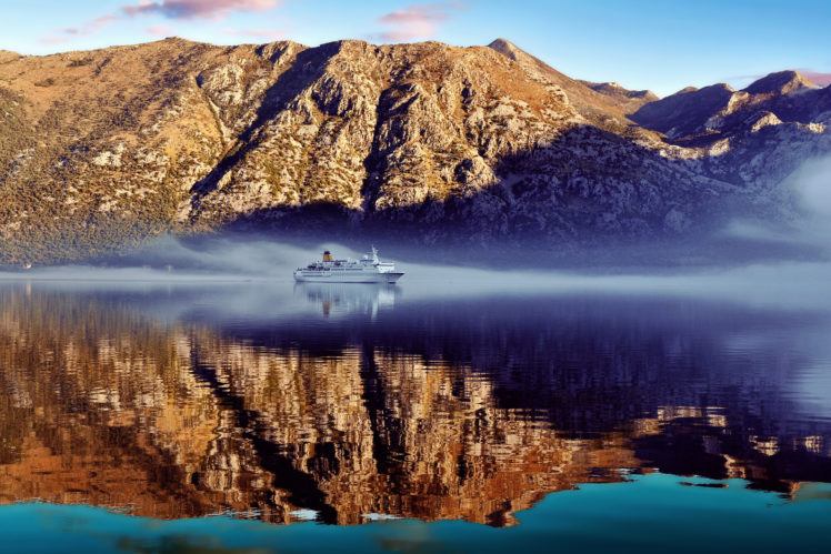 ship, Reflection, Sky, Water, Mountains HD Wallpaper Desktop Background