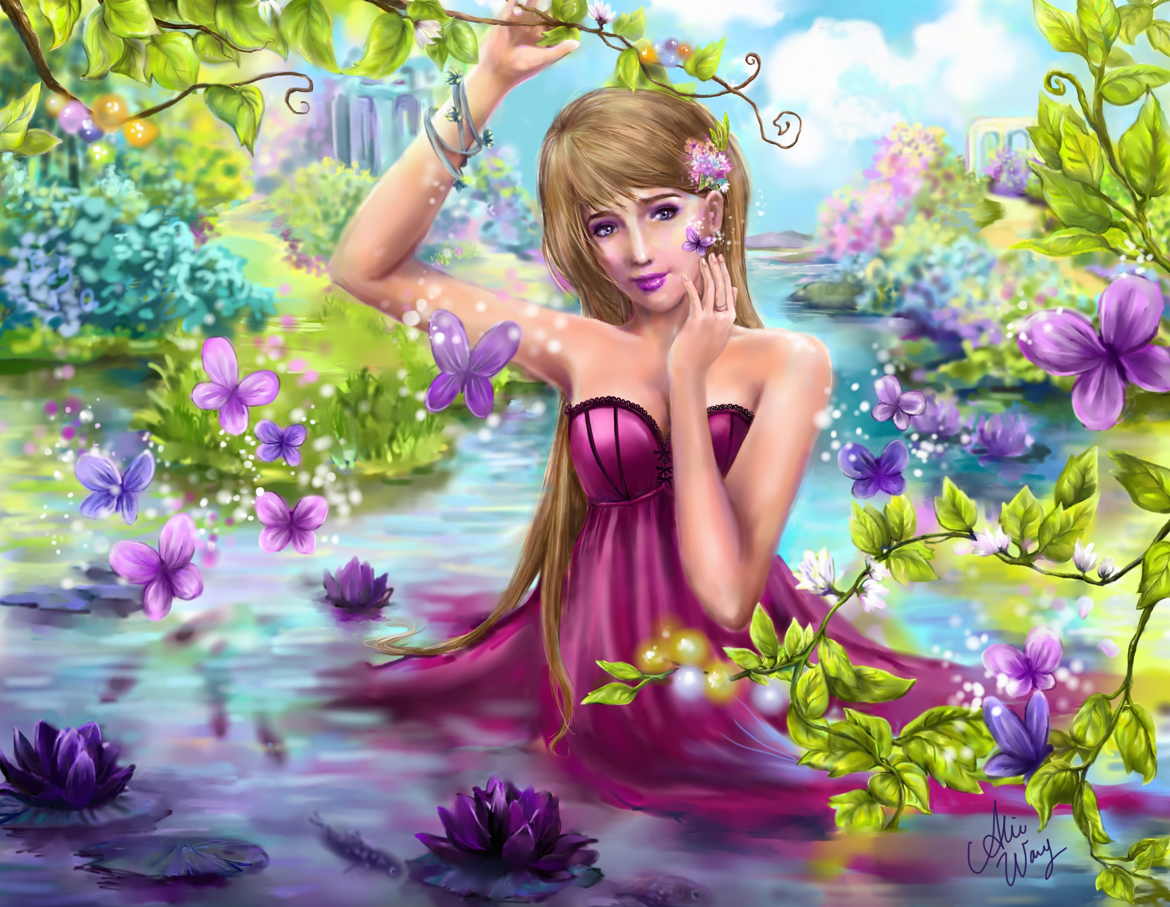 butterflies, Water, Lilies, Pond, Dress, Fantasy, Girls, Butterfly, Mood, Bokeh Wallpaper