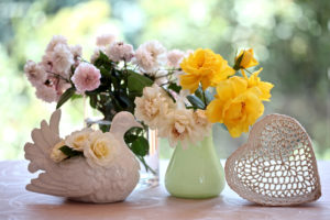 bouquet, Pigeons, Roses, Vase, Heart, Flowers, Still, Life
