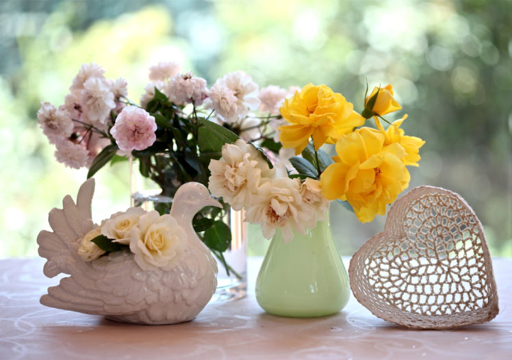 bouquet, Pigeons, Roses, Vase, Heart, Flowers, Still, Life HD Wallpaper Desktop Background