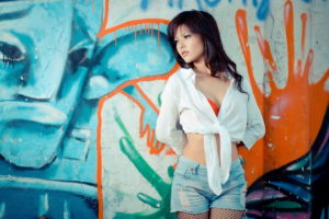 woman, Gril, Beauty, Denim, Asian, Painted, Wall
