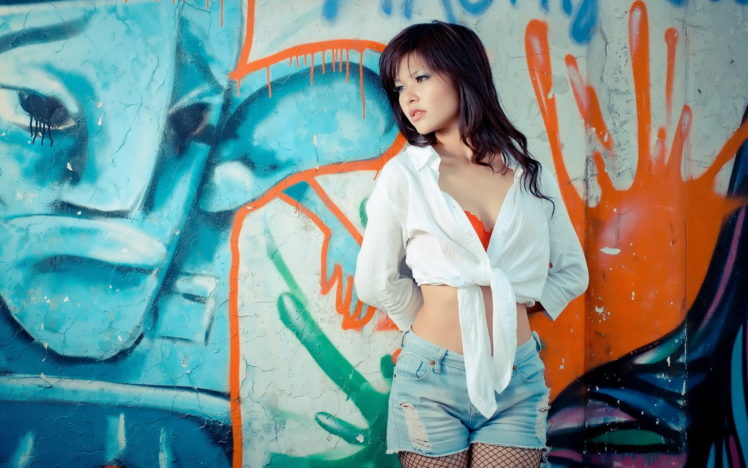 woman, Gril, Beauty, Denim, Asian, Painted, Wall HD Wallpaper Desktop Background