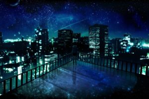 outer, Space, Cityscapes, Night, Stars, Alone, Balcony, Buildings, City, Lights, Artwork, Manga, Night, Landscapes