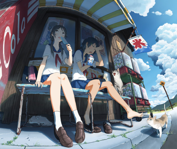 coca, Cola, 2girls, Animal, Cat, Clouds, Coca, Cola, Inoki, Popsicle, Seifuku, Tagme, Original HD Wallpaper Desktop Background