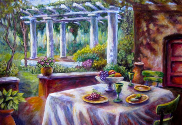 art, Garden, Park, Table, Chair, Column, Fruits, Flowers, Glasses HD Wallpaper Desktop Background
