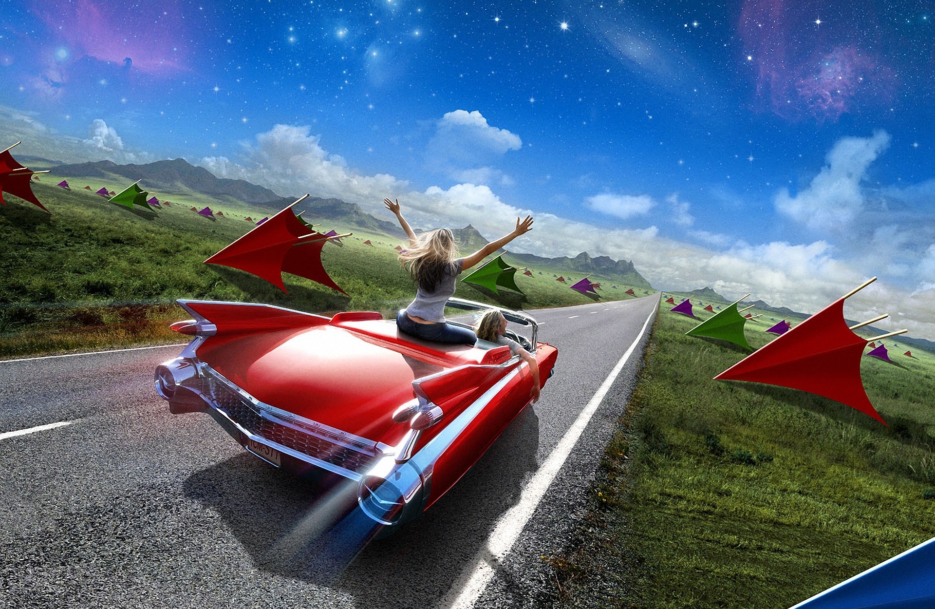 car, Road, Girl, Boy, Freedom, Travel, Convertible, Clouds, Sky, Mountains, Grass, Cadillac Wallpaper