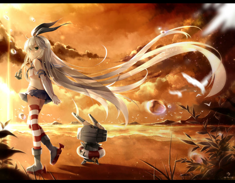 kantai, Collection, Beach, Elbow, Gloves, Long, Hair, Ninjinshiru, Shimakaze,  kancolle , Skirt, Sunset, Thighhighs HD Wallpaper Desktop Background