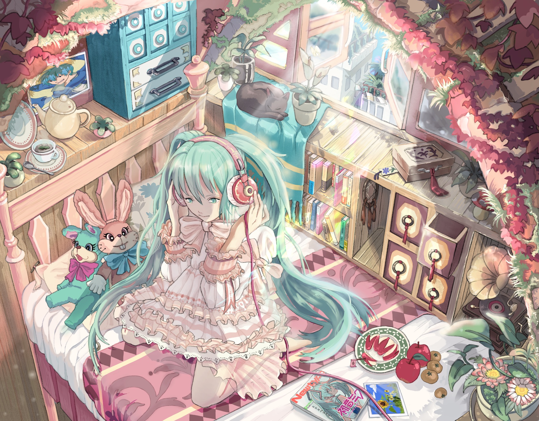 vocaloid, Animal, Apple, Bed, Book, Bow, Cat, Dress, Hatsune, Miku, Headphones, Moriaoba, Teddy, Bear, Vocaloid Wallpaper