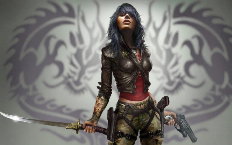 women, Guns, Warriors, Wet,  video, Game , Swords, Black, Hair HD Wallpaper Desktop Background