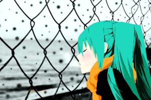 vocaloid, Hatsune, Miku, Twintails, Closed, Eyes, Selective, Coloring, Scarf, Aqua, Hair