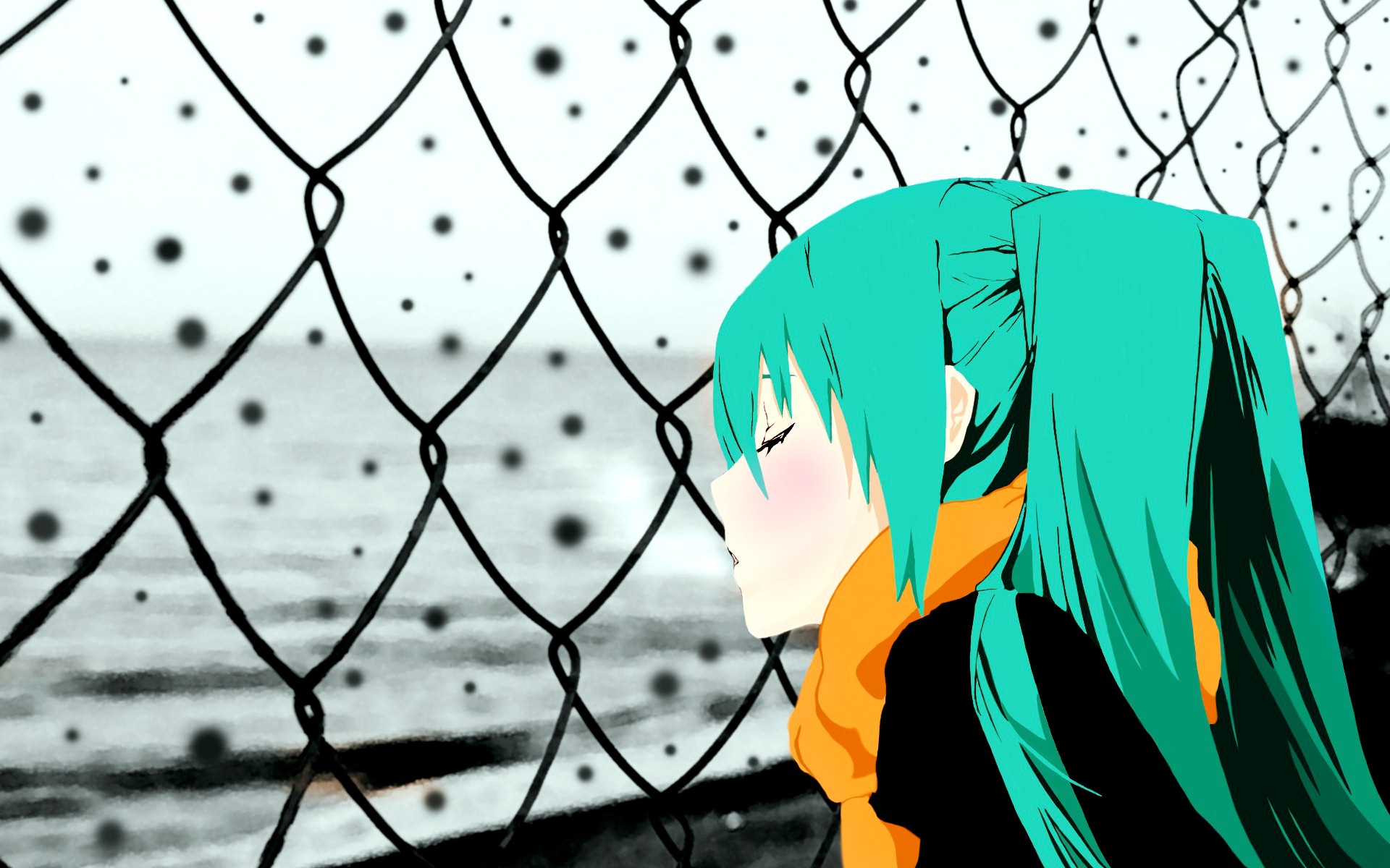 vocaloid, Hatsune, Miku, Twintails, Closed, Eyes, Selective, Coloring, Scarf, Aqua, Hair Wallpaper