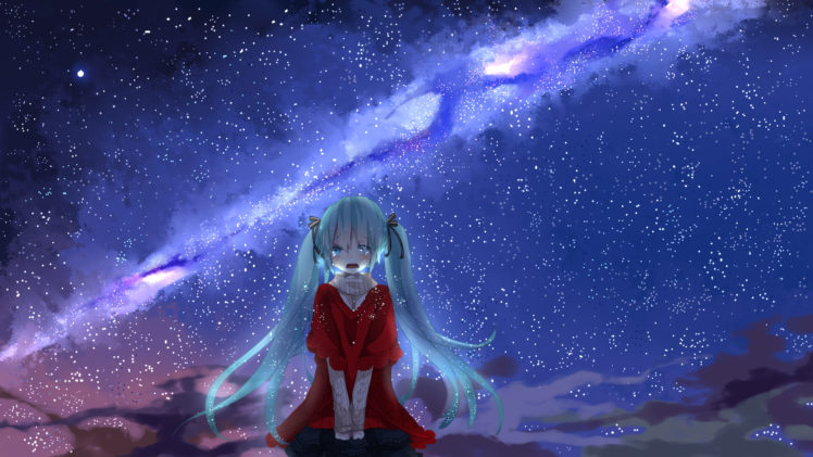 vocaloid, Blue, Eyes, Blue, Hair, Crying, Hatsune, Miku, Night, Sky, Stars, Tears, Twintails, Vocaloid, Yutara HD Wallpaper Desktop Background