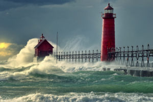 lighthouse, Stormy, Sea