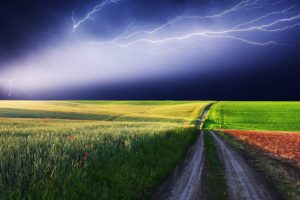clouds, Landscapes, Nature, Fields, Roads, Lightning, Red, Flowers