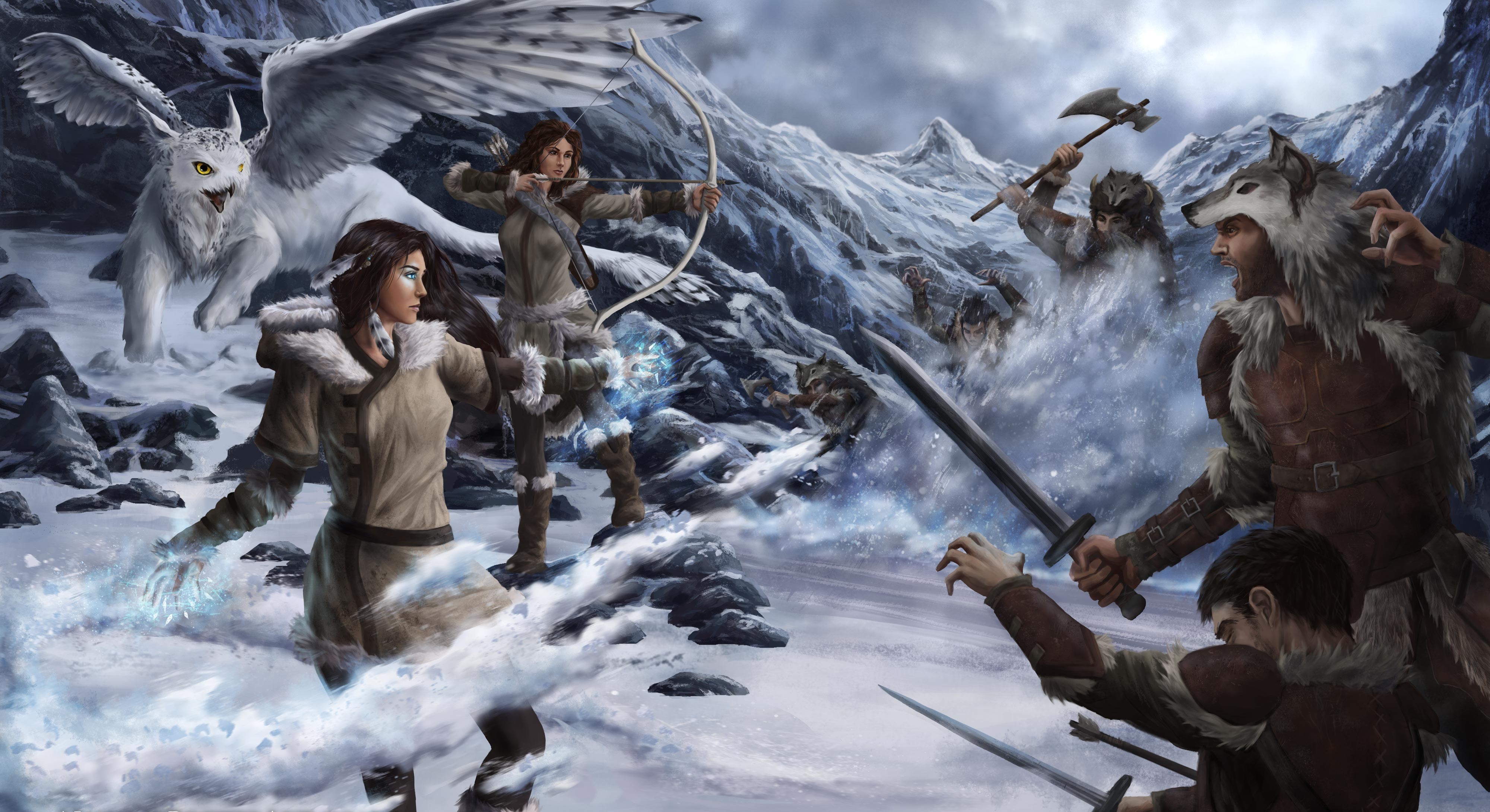 battle, Warrior, Archer, Men, Magical, Animal, Snow, Sword, Fantasy, Girl, Magic Wallpaper