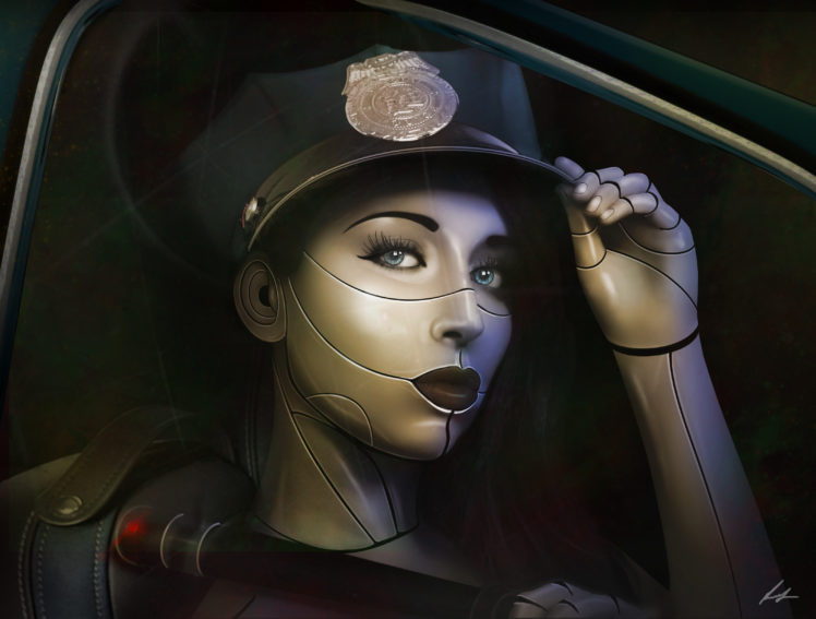 technics, Robot, Police, Hat, Face, Glance, Fantasy, Girl, Cyborg, Police, Sexy HD Wallpaper Desktop Background