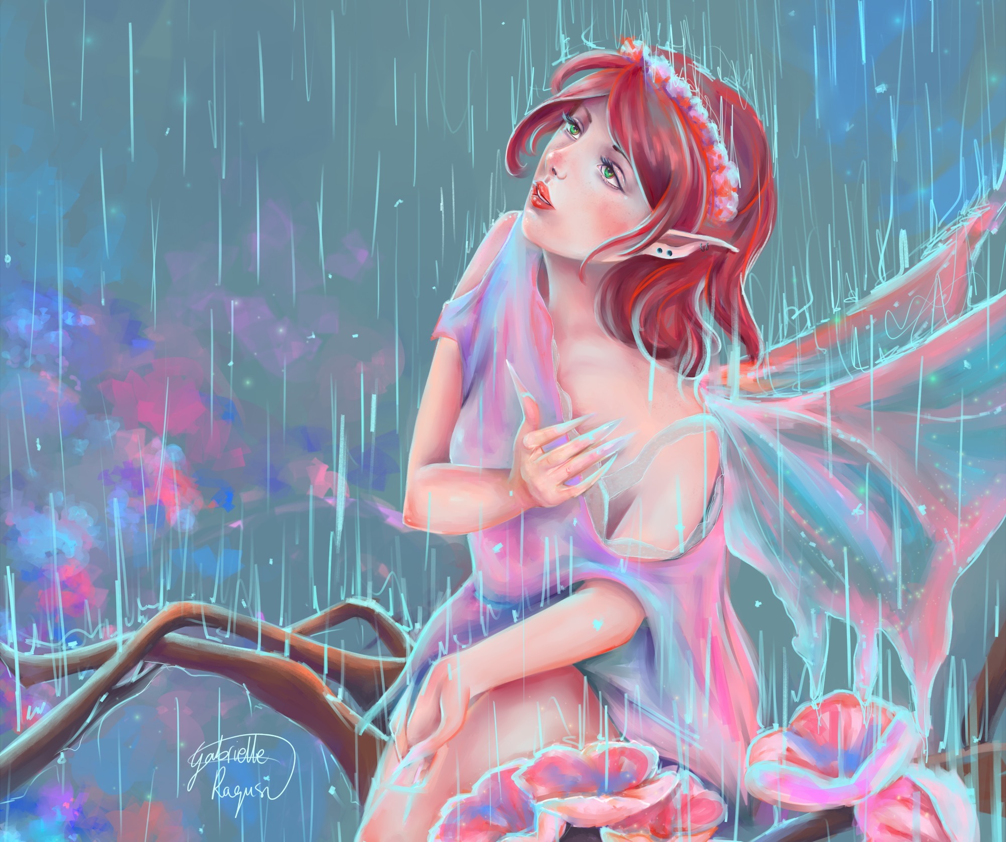 rain, Painting, Art, Redhead, Girl, Fantasy, Girl, Fairy, Mood, Bokeh Wallpaper