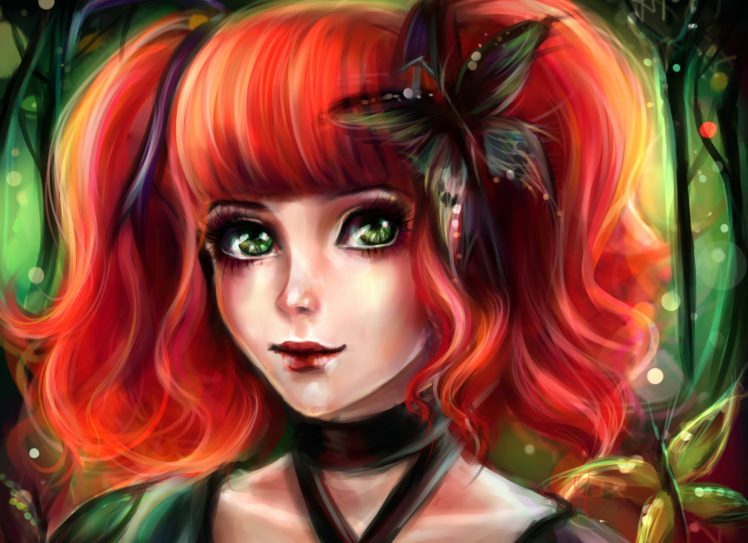 painting, Art, Butterfly, Redhead, Girl, Hair, Face, Glance, Fantasy, Girl HD Wallpaper Desktop Background