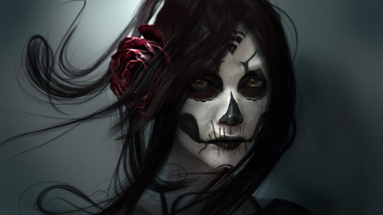 gothic, Face, Brunette, Girl, Hair, Fantasy, Girl, Fantasy, Skull, Death HD Wallpaper Desktop Background