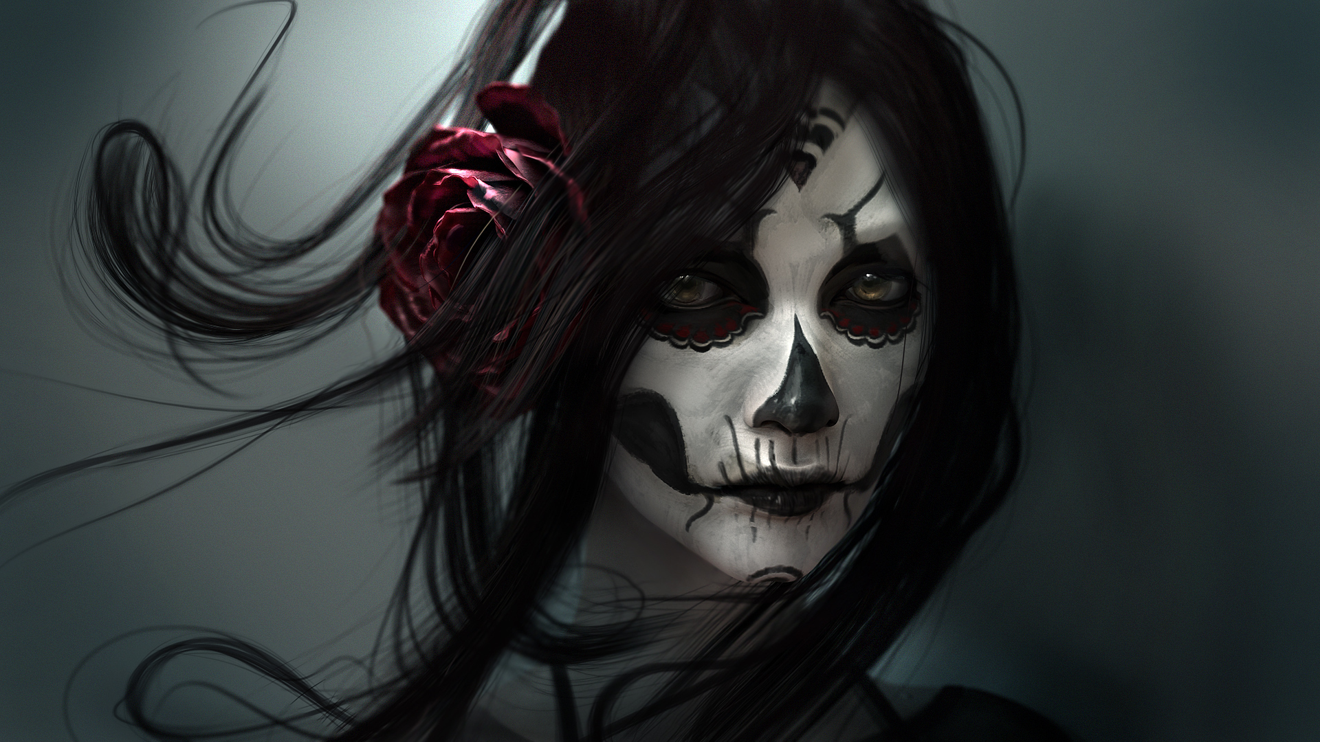 gothic, Face, Brunette, Girl, Hair, Fantasy, Girl, Fantasy, Skull, Death Wallpaper